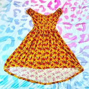 XS No Boundaries high-low gold and red floral off shoulder dress